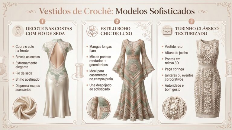 Infografico de moda com tres modelos sofisticados de vestidos de croche: decote nas costas com fio de seda, estilo boho chic de luxo e tubinho classico texturizado