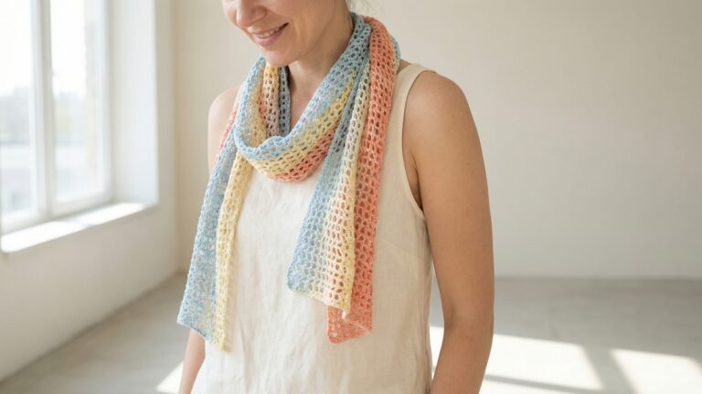 Mulher sorrindo usando lenco de croche leve para verao em estudio com fundo limpo e iluminacao natural