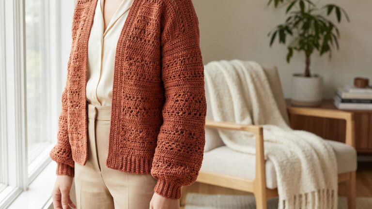 Look feminino sofisticado com cardigan de croche artesanal em tom de outono sobre blusa neutra e calca de alfaiataria, em ambiente interno elegante com atmosfera acolhedora