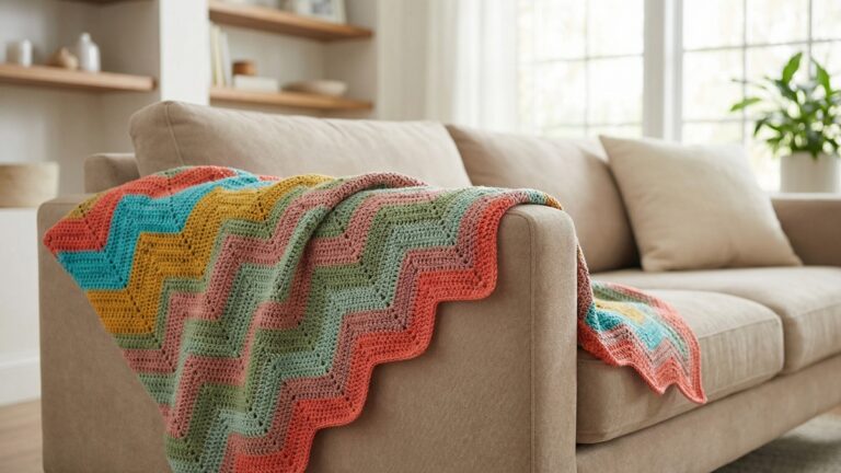 Manta de croche artesanal em padrao chevron colorido elegantemente dobrada sobre braco de sofa neutro em sala de estar acolhedora com iluminacao natural