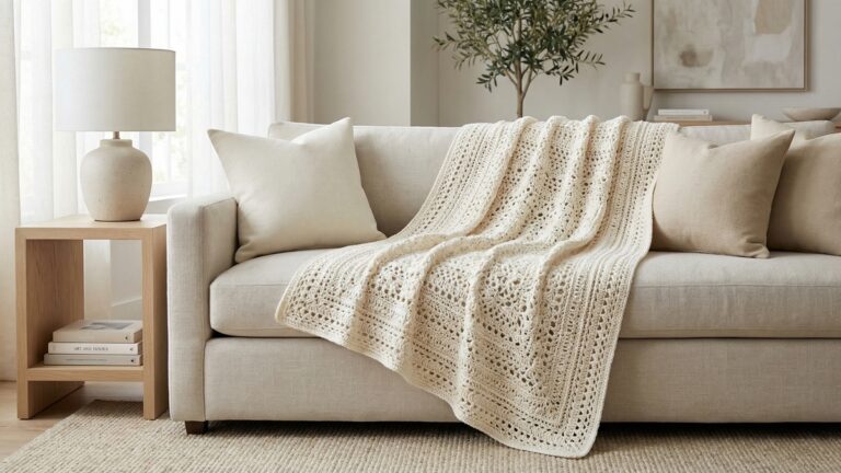 Manta decorativa de croche fantasia off-white com trama elaborada sobre sofa de linho claro em sala de estar sofisticada