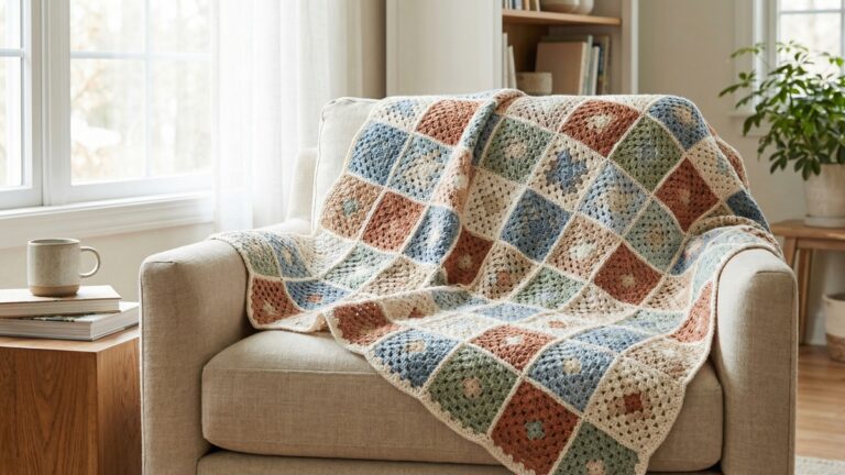 Sala de estar aconchegante com manta de croche em granny squares sobre sofa neutro com luz natural