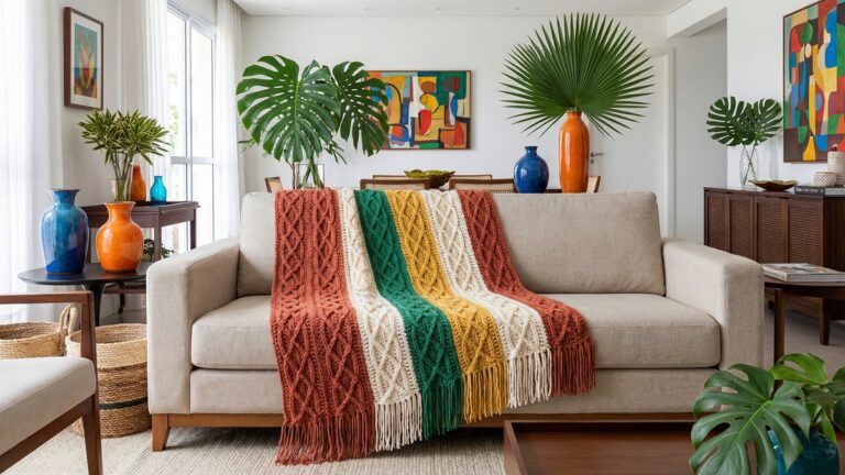 Manta de croche com listras em cores vivas sobre sofa com decoracao brasileira tropical