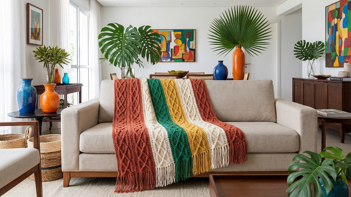 Manta de croche com listras em cores vivas sobre sofa com decoracao brasileira tropical