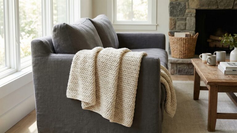 Manta de croche artesanal em tons neutros quentes bege e off-white, elegantemente disposta sobre sofa confortavel em ambiente residencial sofisticado, com iluminacao natural difusa e atmosfera acolhedora