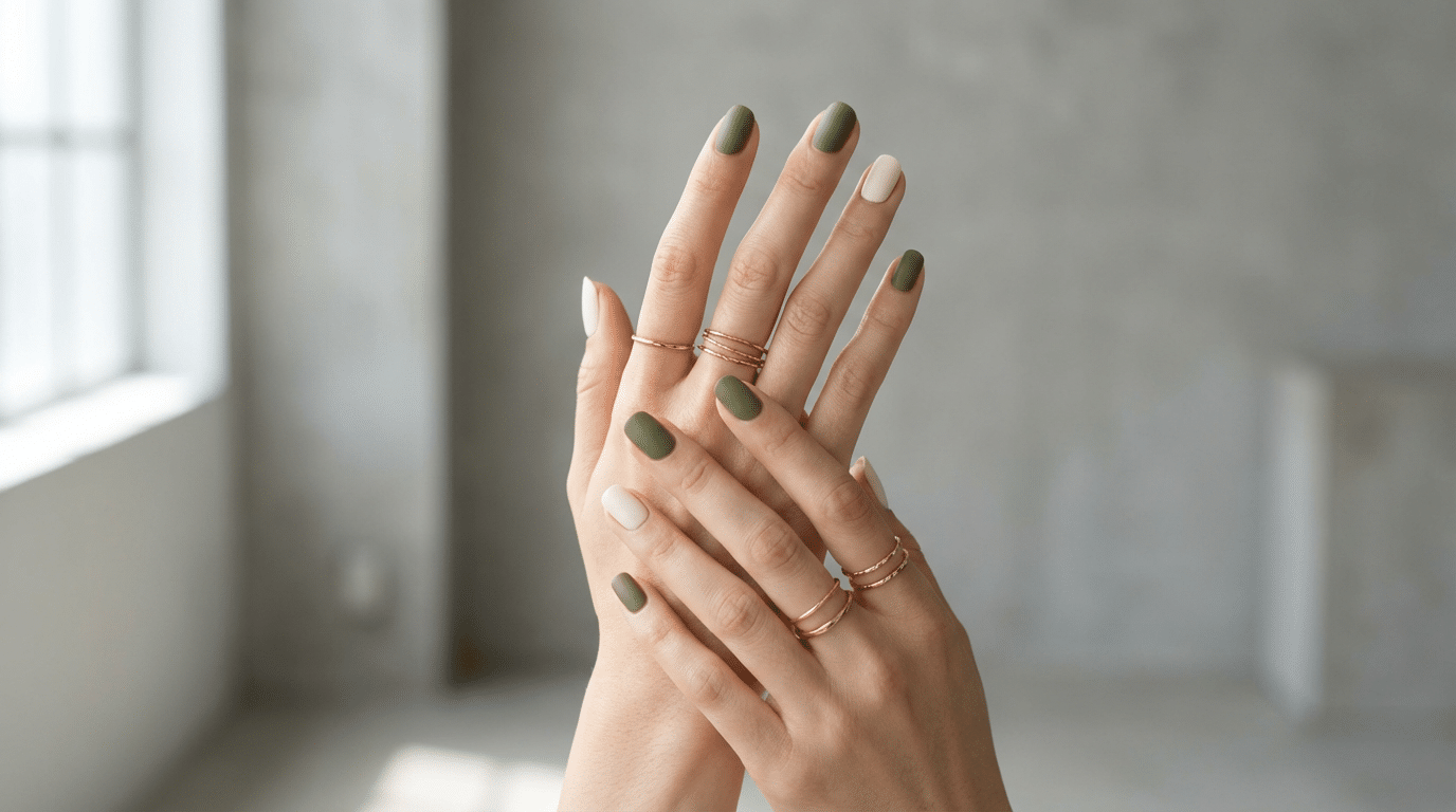Mãos com Esmalte Verde-Oliva