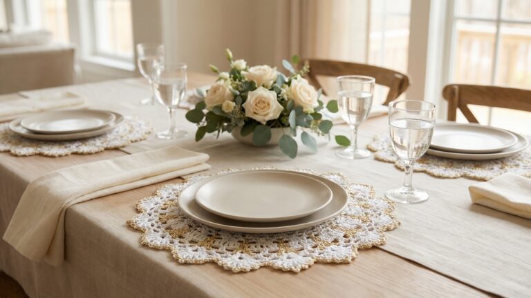 Mesa posta elegante com sousplats de croche artesanal branco com detalhes dourados, pratos de ceramica neutra, tacas de vidro e arranjo floral discreto em ambiente sofisticado