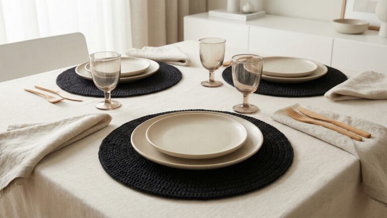 Mesa posta sofisticada para jantar com sousplats de croche preto artesanal sob pratos de ceramica neutra tacas de vidro e guardanapos de linho