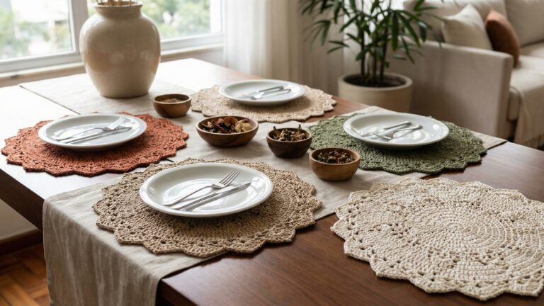 Mesa posta com sousplats de croche artesanal em tons terrosos, pratos brancos e decoracao natural elegante