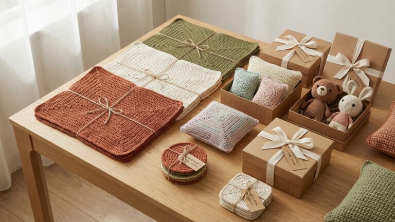 Mesa de trabalho organizada com pecas de croche artesanal finalizadas e embalagens elegantes em papel kraft com etiquetas minimalistas transmitindo profissionalismo