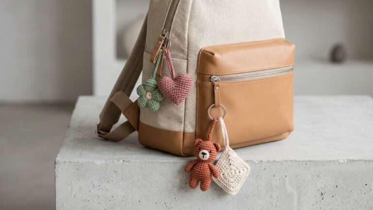 Mochila urbana moderna com quatro chaveiros de croche artesanal coloridos pendurados em composicao editorial minimalista