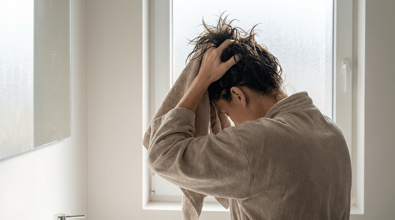 Mulher Secando Cabelo Agressivamente de Costas