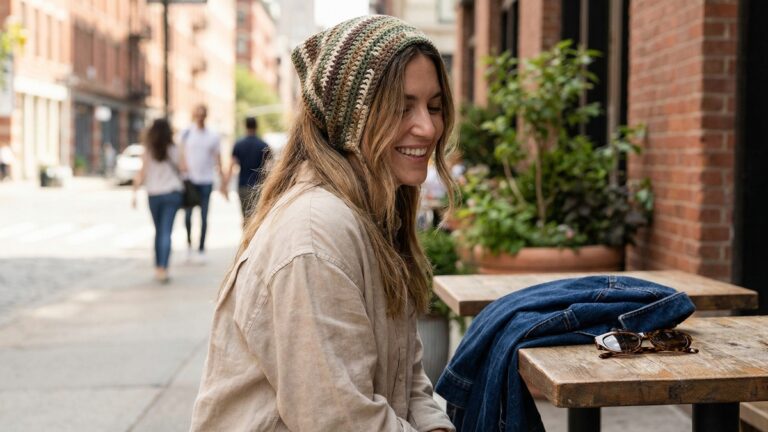 Mulher sorrindo usando bandana de croche artesanal em tons terrosos em ambiente urbano contemporaneo com jaqueta jeans e oculos de sol ao lado