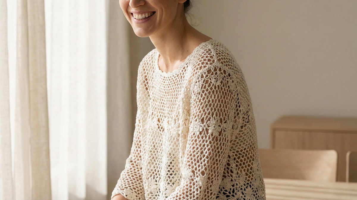 Mulher sorrindo usando blusa de croche branca tradicional em ambiente de verao com luz natural suave