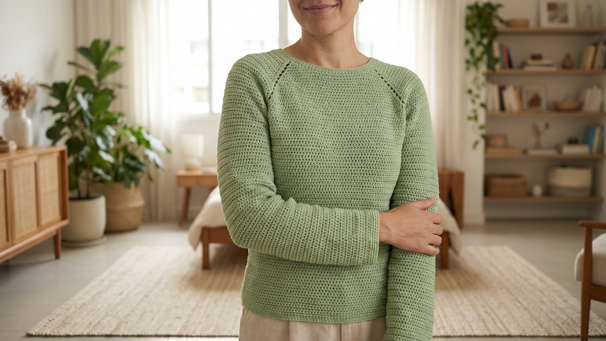 Mulher sorrindo usando blusa de croche artesanal verde claro em quarto com luz natural e decoracao brasileira