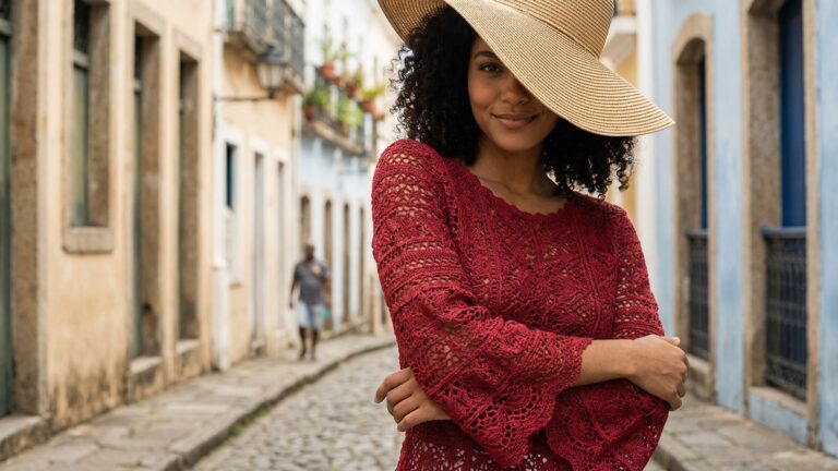 Mulher sorrindo usando blusa de croche artesanal vermelha em ambiente urbano brasileiro com luz natural destacando textura e acabamento