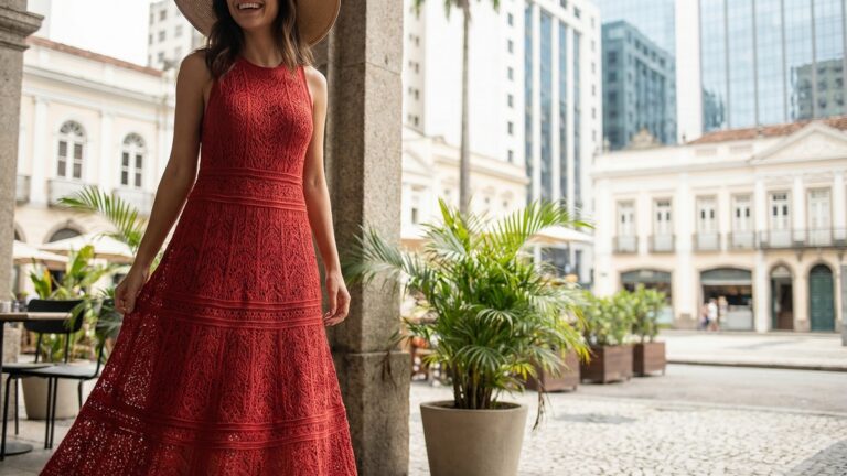 Mulher sorrindo usando vestido de croche vermelho elegante em ambiente urbano brasileiro com luz natural