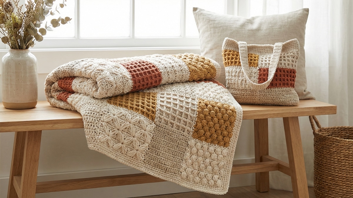 Peca de croche autoral com pontos variados em algodao tons naturais em ambiente sofisticado com decoracao artesanal