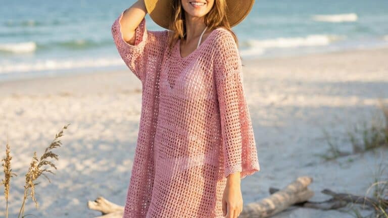 Mulher sorrindo usando saida de praia em croche artesanal rosa com trama aberta em praia com luz dourada de fim de tarde