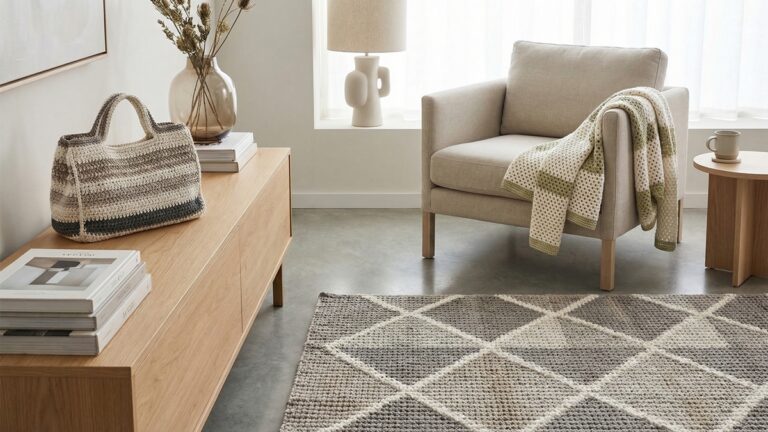 Sala contemporanea com bolsa de croche estruturada, tapete geometrico e peca de vestuario sobre poltrona em ambiente minimalista elegante