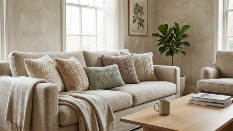 Sala de estar aconchegante com almofadas de croche artesanal sobre sofa neutro com manta e mesa de centro em madeira clara com luz natural