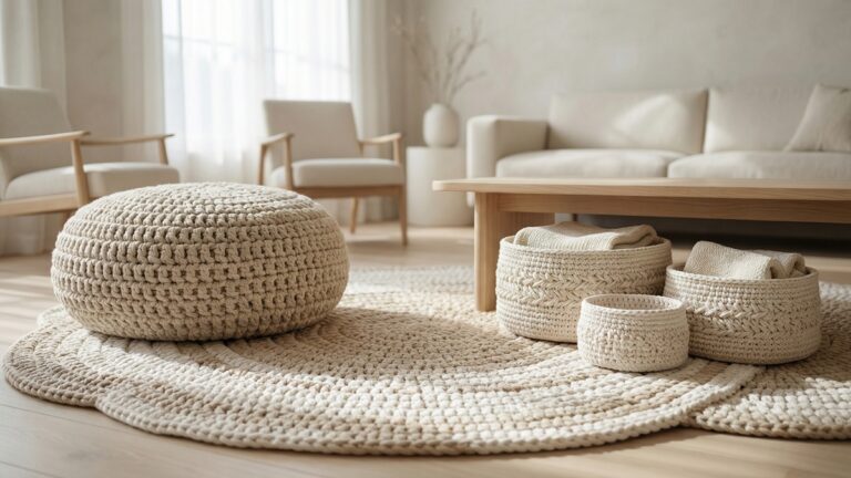 Sala de estar contemporanea estilo casa refugio com tapete de croche organico pufe maxi croche e cestos em tons crus e bege natural com iluminacao difusa