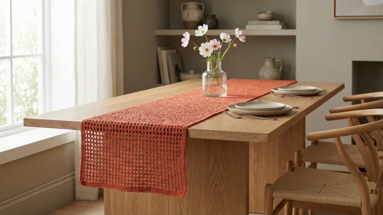 Sala de jantar sofisticada com caminho de mesa de croche artesanal em tom elegante centralizado sobre mesa de madeira natural, com pratos de ceramica, vaso com flores e iluminacao natural suave