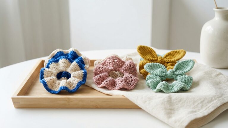 Conjunto de scrunchies de croche em estilos variados inspirados nos anos 90 sobre superficie clara com estetica retro moderna