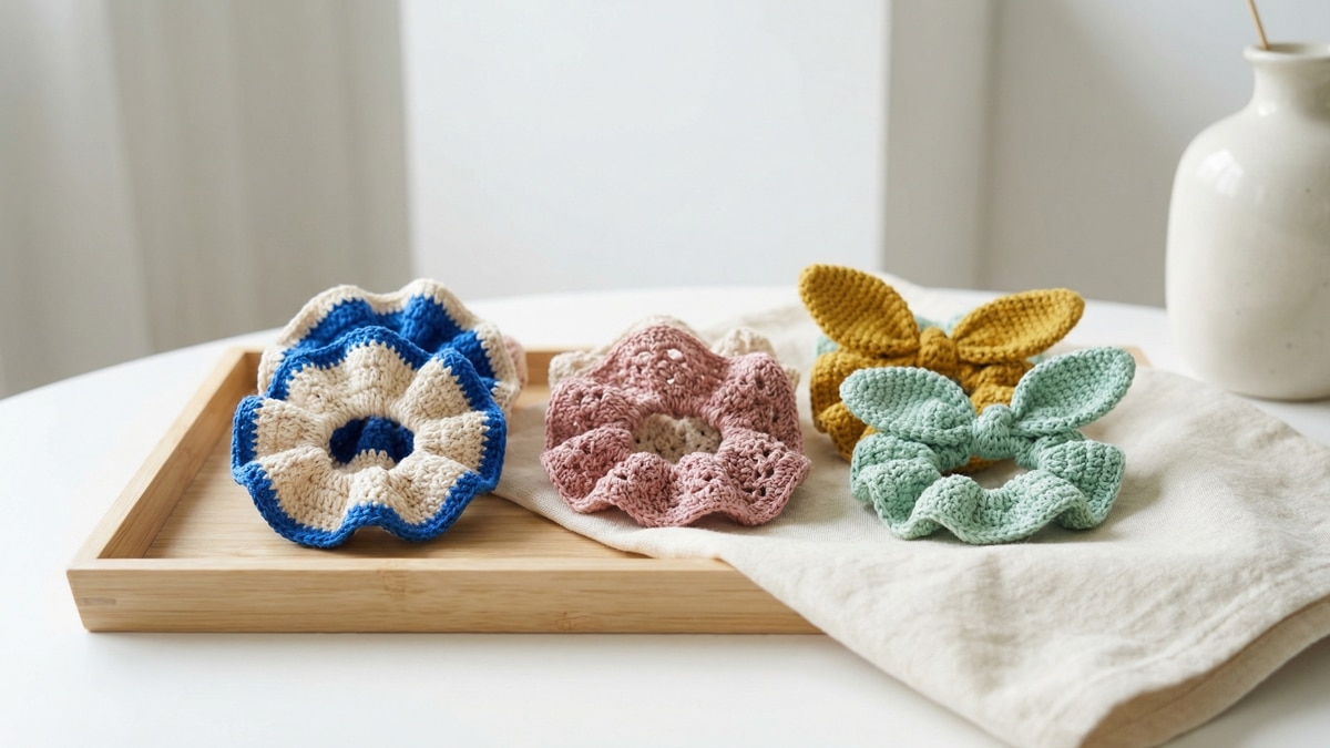 Conjunto de scrunchies de croche em estilos variados inspirados nos anos 90 sobre superficie clara com estetica retro moderna