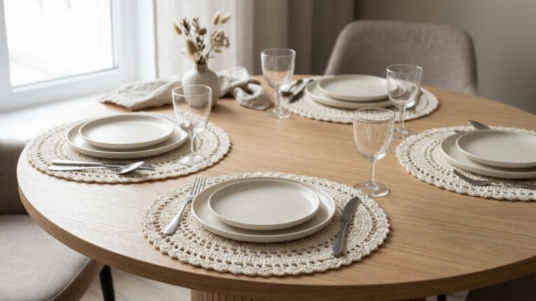 Mesa de jantar elegante com sousplats redondos de croche artesanal em tom cru sob pratos e tacas