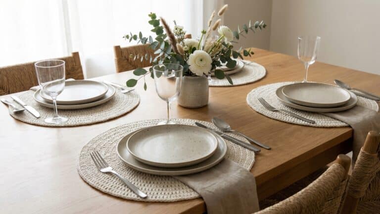 Mesa posta elegante com sousplats de crochê em tons cru sob pratos de cerâmica neutra
