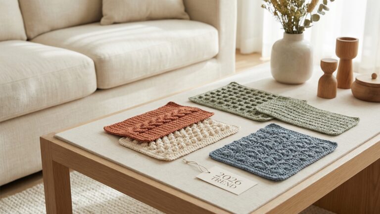 Composicao flat lay com swatches de croche em diferentes pontos e cores sobre fundo minimalista neutr