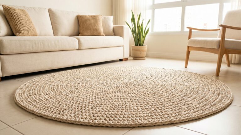 Tapete artesanal de croche em barbante cru posicionado no centro de sala de estar brasileira aconchegante com sofa de linho e plantas naturais