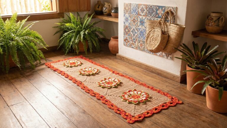 Tapete de croche com flores laranjas e brancas sobre piso de madeira em ambiente com decoracao brasileira tradicional