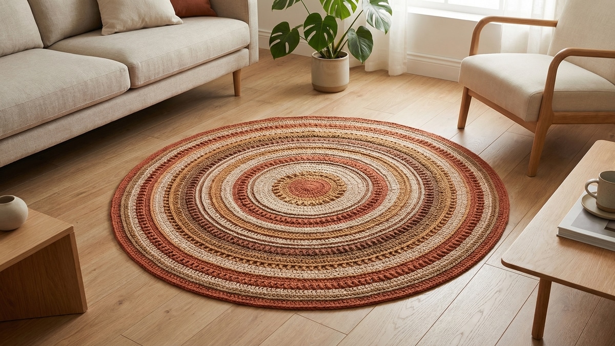 Tapete redondo artesanal de croche em tons terrosos posicionado no centro de sala de estar aconchegante com sofa neutro e plantas naturais