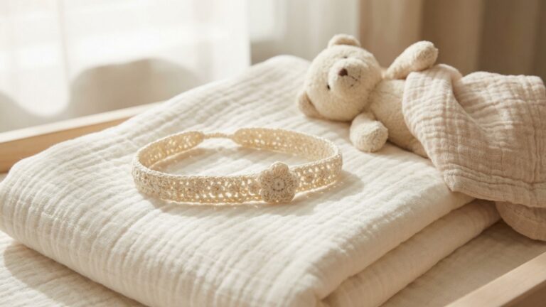 Tiara de croche artesanal delicada sobre manta suave em quarto de bebe com decoracao neutra e ursinho de pelucia