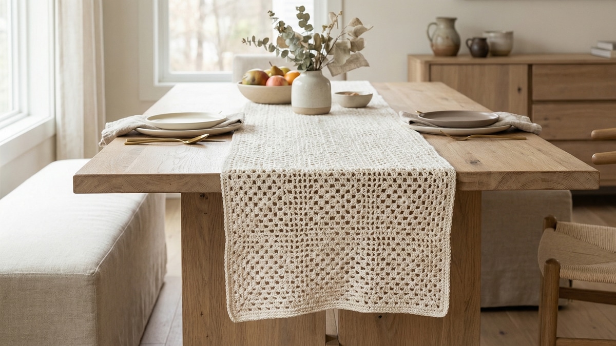 Trilho de mesa em croche artesanal cru disposto centralmente sobre mesa de madeira clara em sala de jantar elegante com luz natural