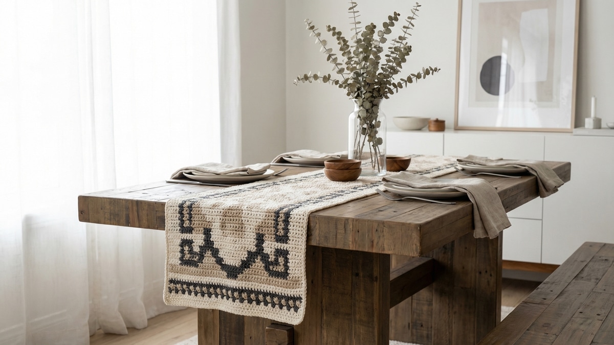 Sala de jantar contemporanea com trilho de mesa em croche artesanal sobre mesa de madeira com decoracao elegante