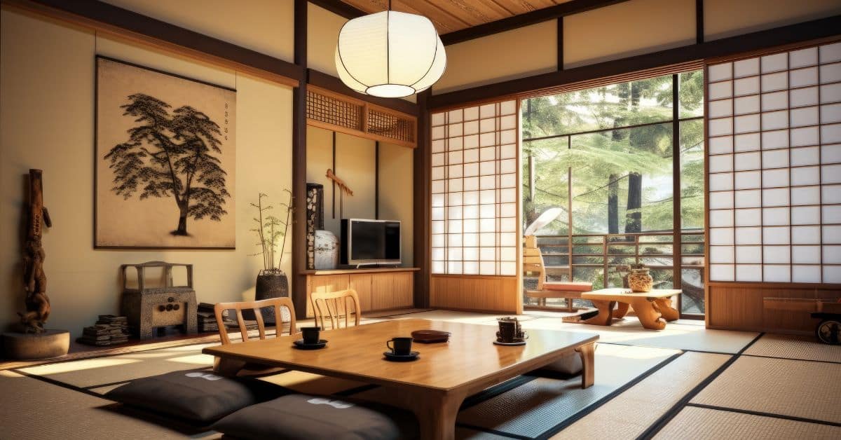 Imagem de uma sala de estar parte de uma casa japonesa