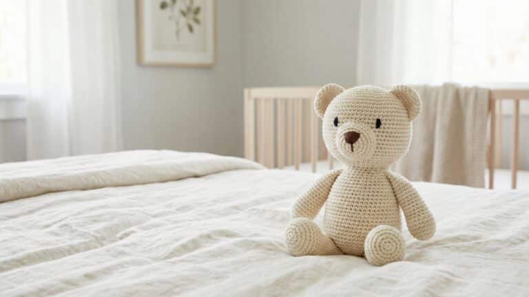 Ursinho de amigurumi artesanal em tom bege claro confeccionado em algodao posicionado sobre roupa de cama neutra em quarto infantil