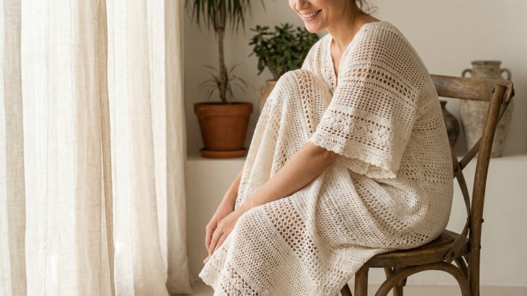 Ambiente interno elegante e charmoso com mulher sorrindo usando vestido artesanal de croche em tom off-white suave em cenario simples com cadeira de madeira cortina de tecido natural e luz suave da janela