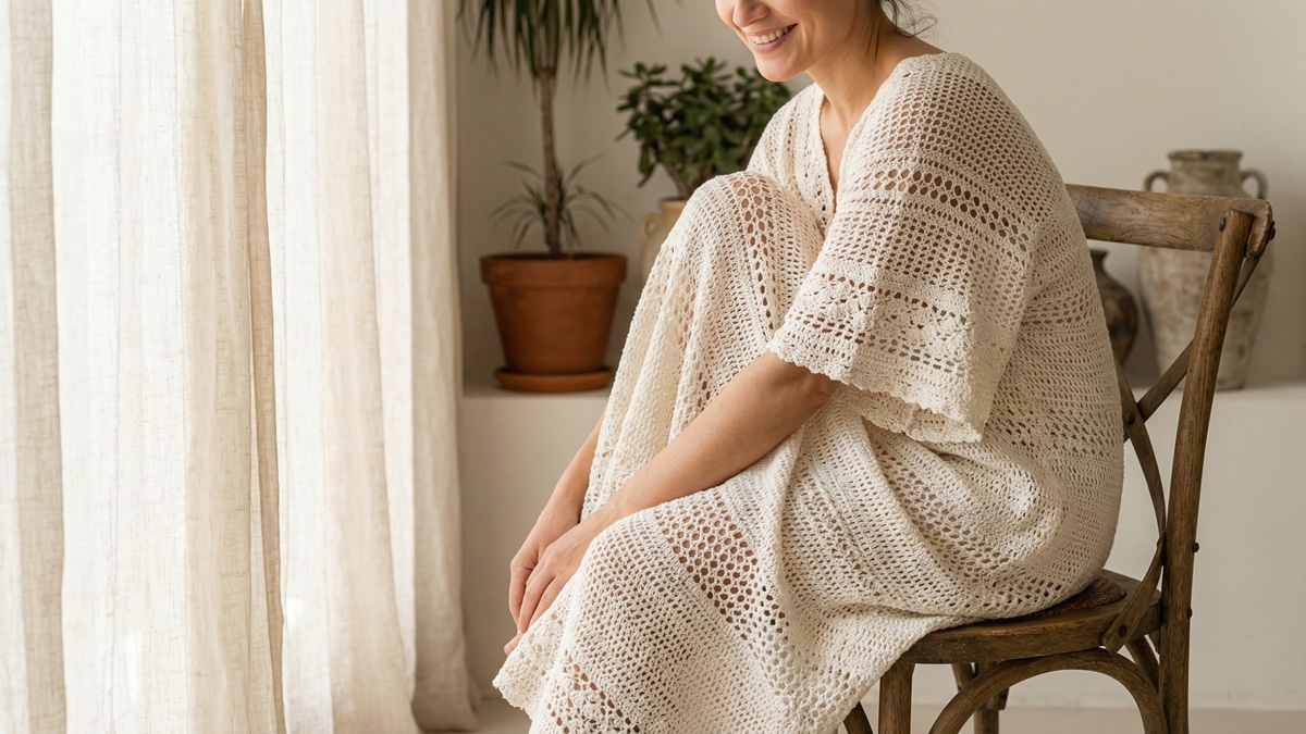 Ambiente interno elegante e charmoso com mulher sorrindo usando vestido artesanal de croche em tom off-white suave em cenario simples com cadeira de madeira cortina de tecido natural e luz suave da janela