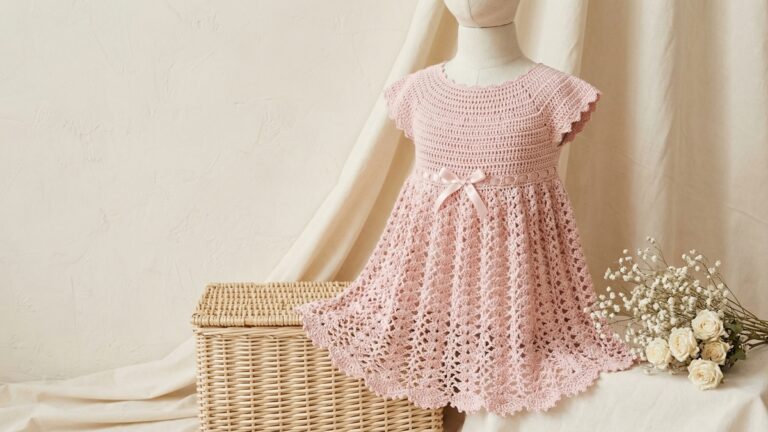 Vestido infantil artesanal de croche em rosa claro com detalhes delicados apresentado em manequim em ambiente acolhedor com flores e cesta de palha