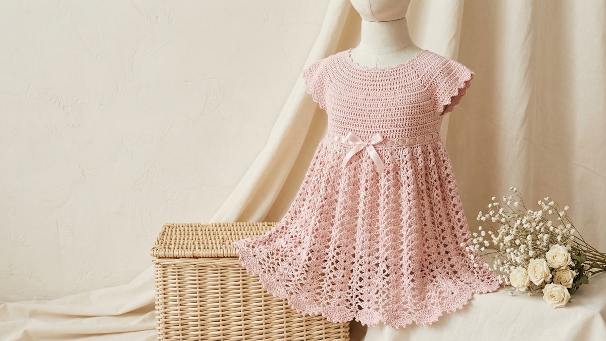 Vestido infantil artesanal de croche em rosa claro com detalhes delicados apresentado em manequim em ambiente acolhedor com flores e cesta de palha