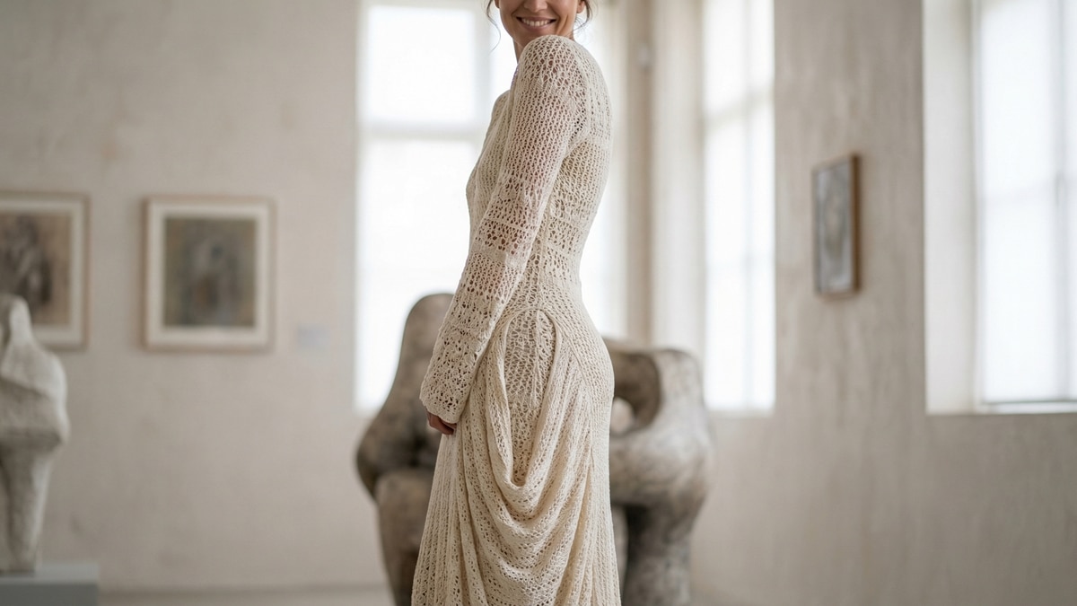 Mulher sorrindo usando vestido de croche artesanal de luxo com design sofisticado e caimento elegante, confeccionado em fios nobres, em ambiente contemporaneo refinado com iluminacao natural suave e estetica editorial