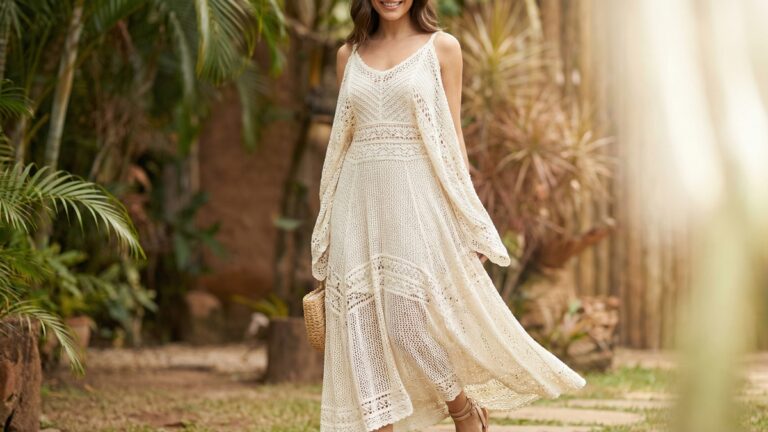 Mulher em ambiente externo brasileiro usando vestido de croche artesanal em off-white com trama rendada delicada e caimento fluido