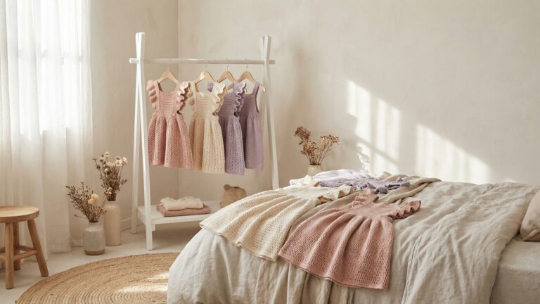 Vestidos de croche infantil em tons rosa bebe, off-white e lilas em cabideiro branco minimalista em quarto infantil iluminado naturalmente