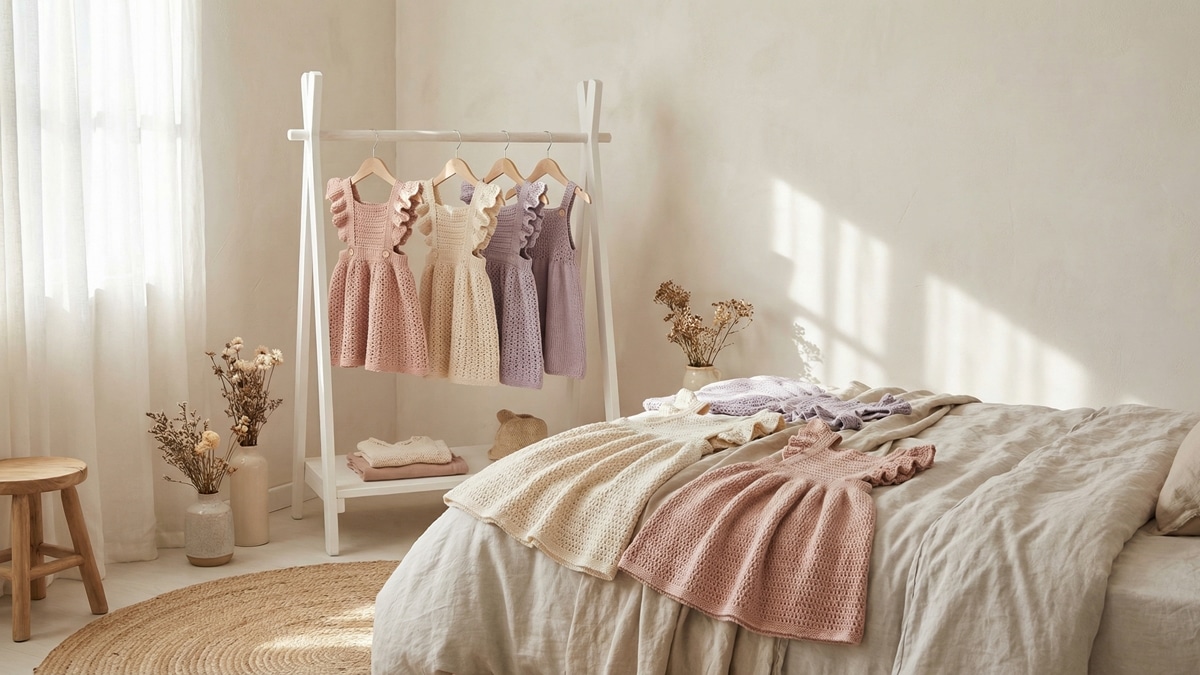 Vestidos de croche infantil em tons rosa bebe, off-white e lilas em cabideiro branco minimalista em quarto infantil iluminado naturalmente