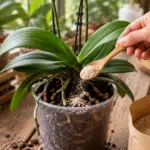 Mão aplicando farinha de ossos em uma orquídea saudável cultivada em vaso transparente com substrato de casca de pinus sobre mesa de madeira iluminada por luz natural.