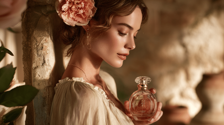 Mulher com frasco de perfume na mão